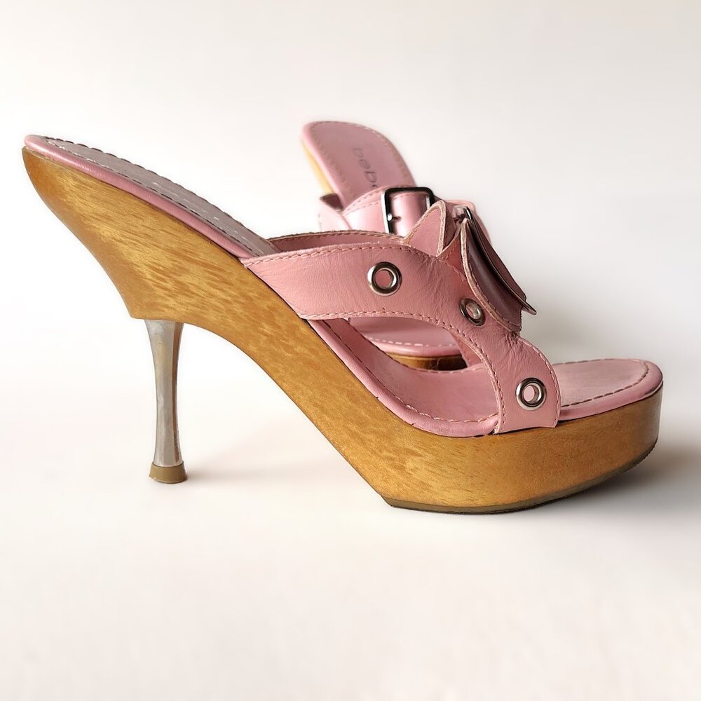 Bebe Galia Pink Leather Platform Sandals Size 6 Wood Base with Steel Heel 16350